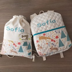 Mochila y talega bebé personalizada modelo "animales del bosque"